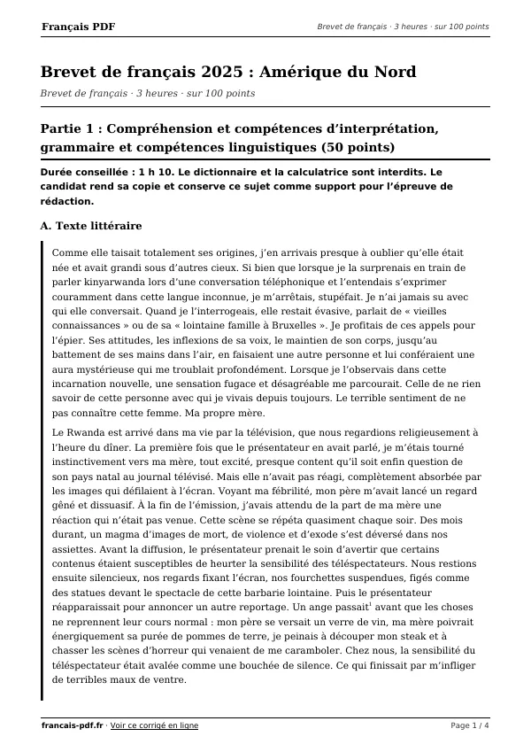 Brevet de français 2025 en PDF