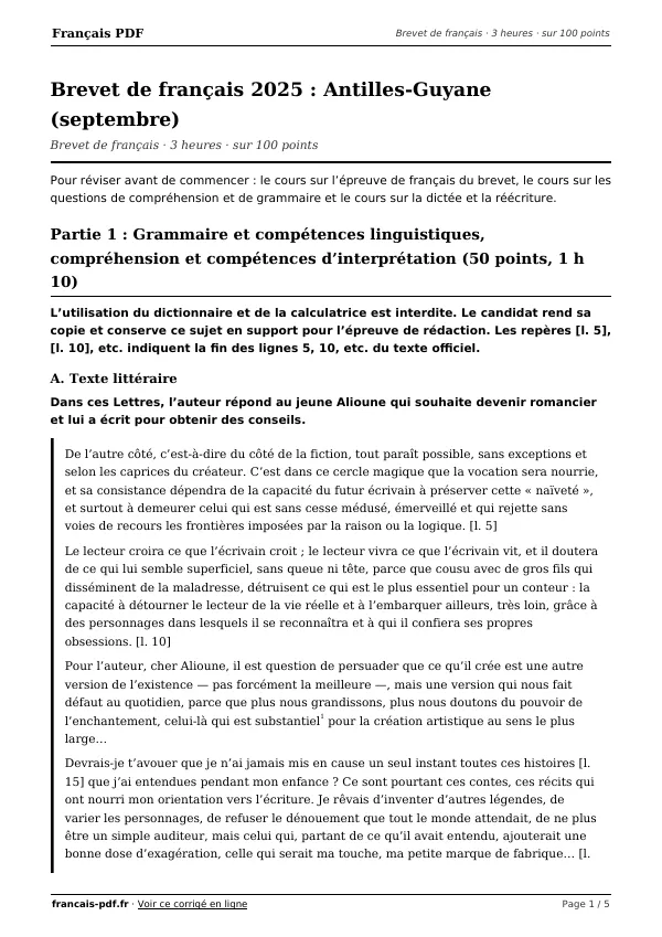 Brevet de français 2025 en PDF