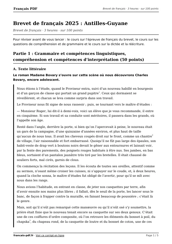 Brevet de français 2025 en PDF