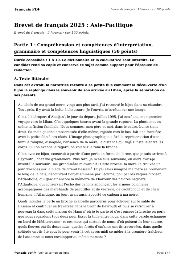 Brevet de français 2025 en PDF