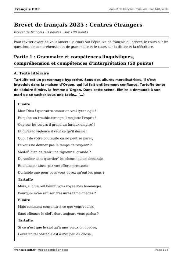 Brevet de français 2025 en PDF