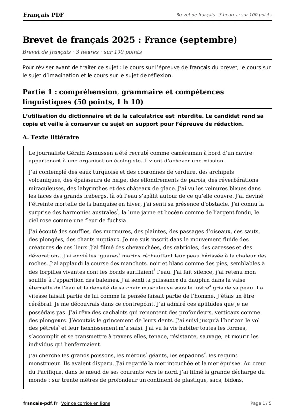 Brevet de français 2025 en PDF