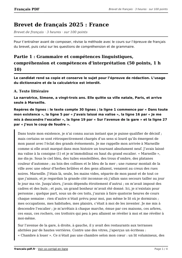 Brevet de français 2025 en PDF