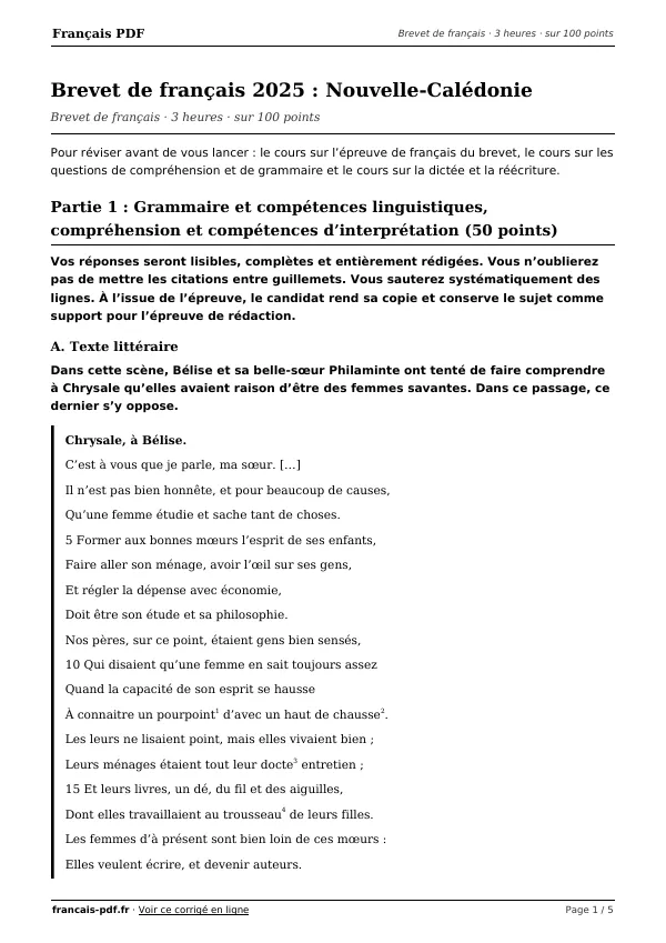 Brevet de français 2025 en PDF