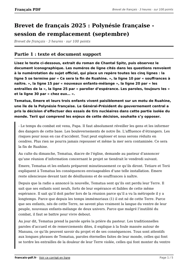 Brevet de français 2025 en PDF