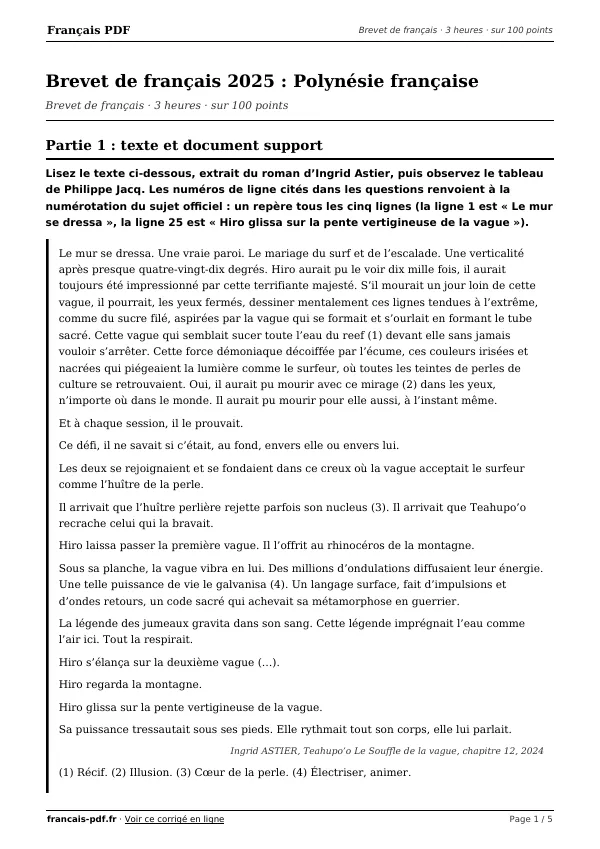 Brevet de français 2025 en PDF