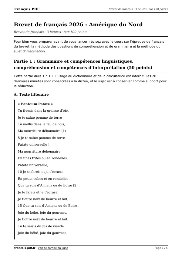 Brevet de français 2026 en PDF