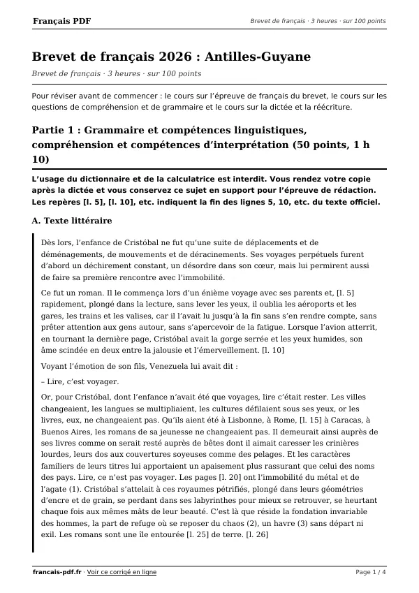 Brevet de français 2026 en PDF