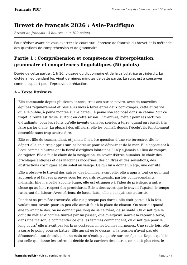 Brevet de français 2026 en PDF