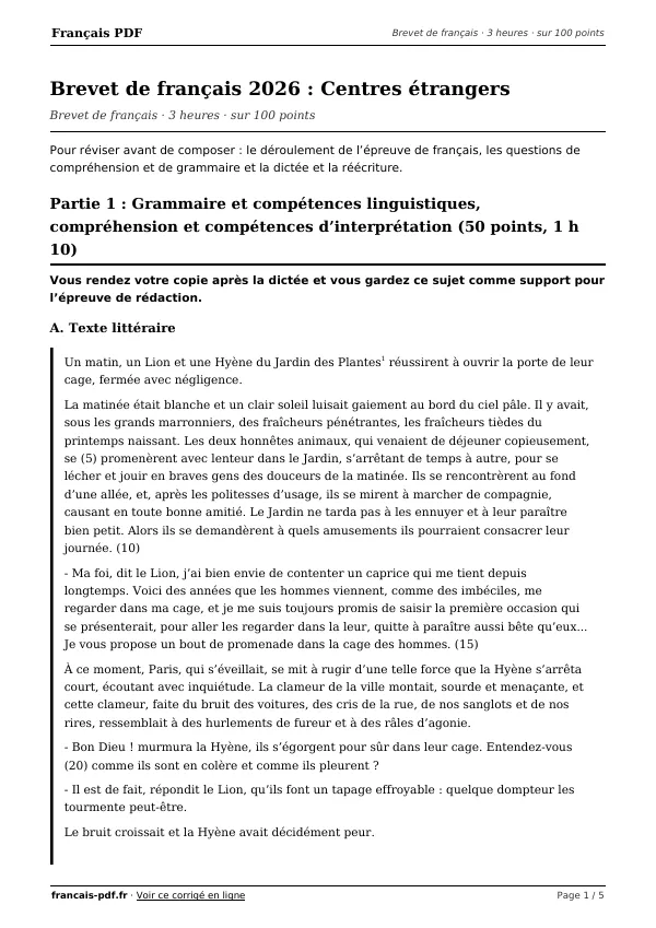 Brevet de français 2026 en PDF