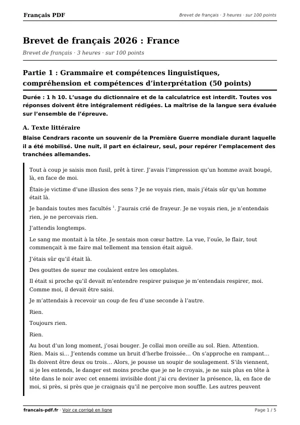 Brevet de français 2026 en PDF