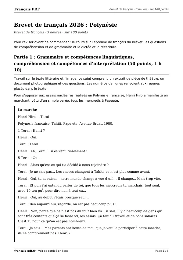 Brevet de français 2026 en PDF