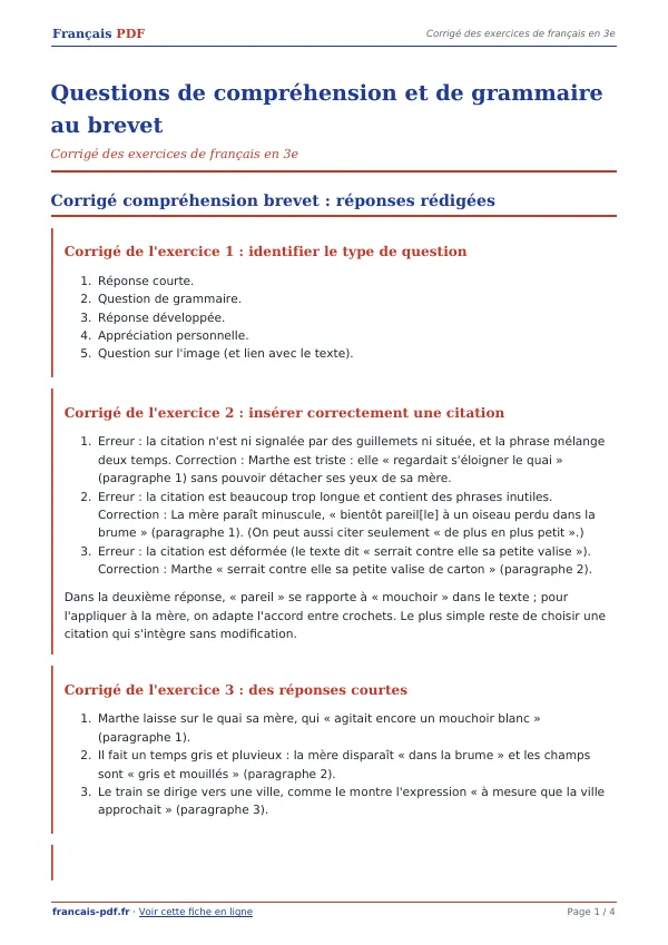 Corrigé « Questions de compréhension et de grammaire au brevet » en PDF