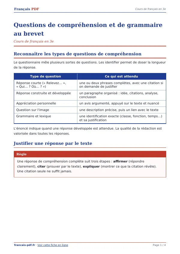Cours « Questions de compréhension et de grammaire au brevet » en PDF