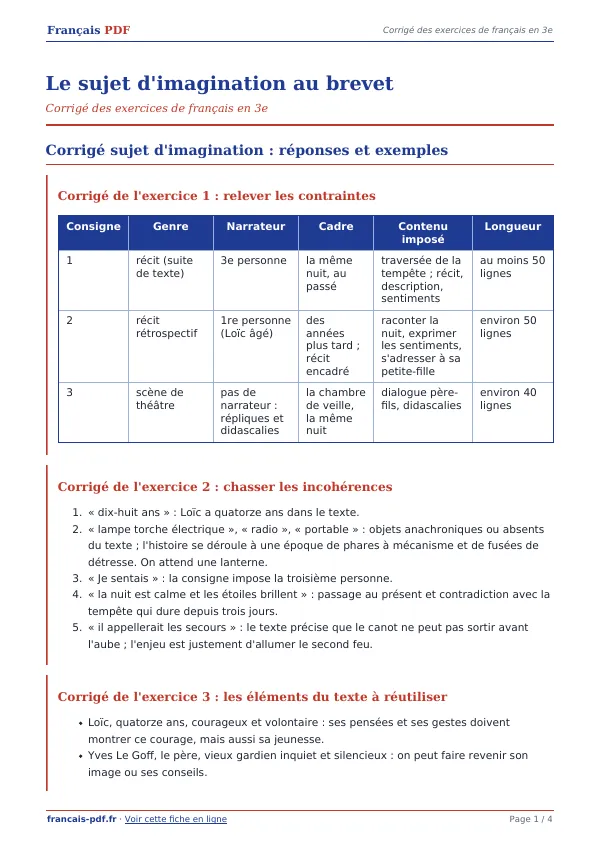 Corrigé « Le sujet d’imagination au brevet » en PDF