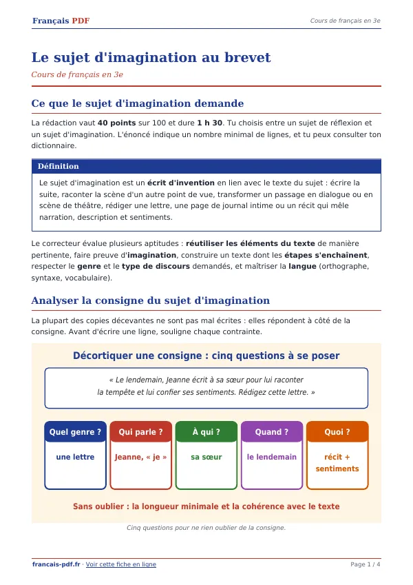 Cours « Le sujet d’imagination au brevet » en PDF
