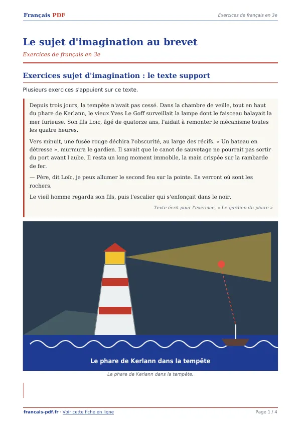 Exercices « Le sujet d’imagination au brevet » en PDF