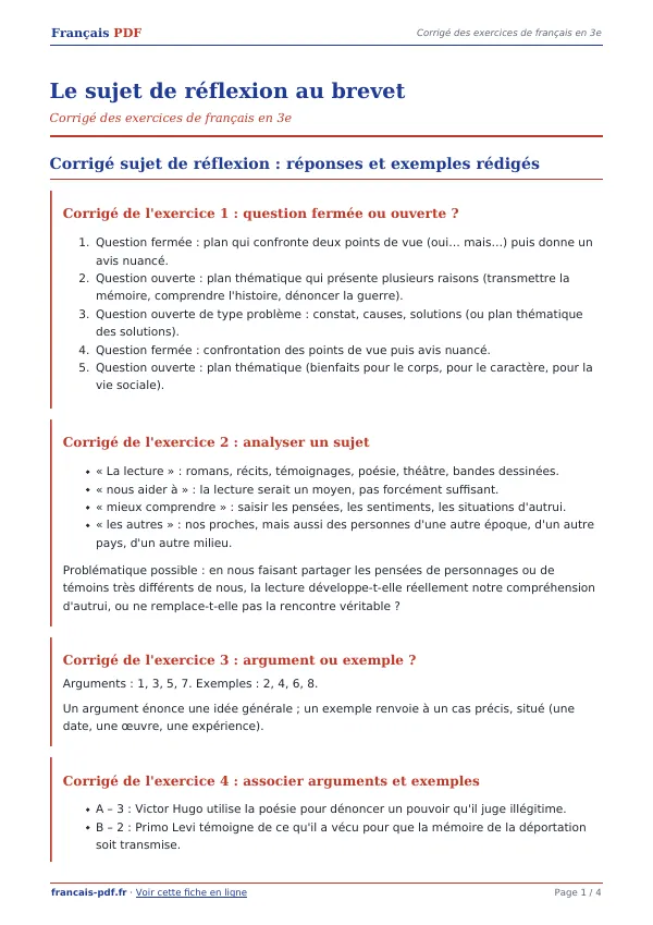 Corrigé « Le sujet de réflexion au brevet » en PDF