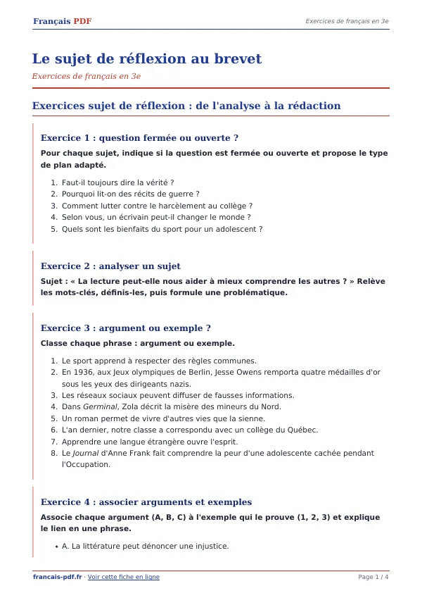 Exercices « Le sujet de réflexion au brevet » en PDF