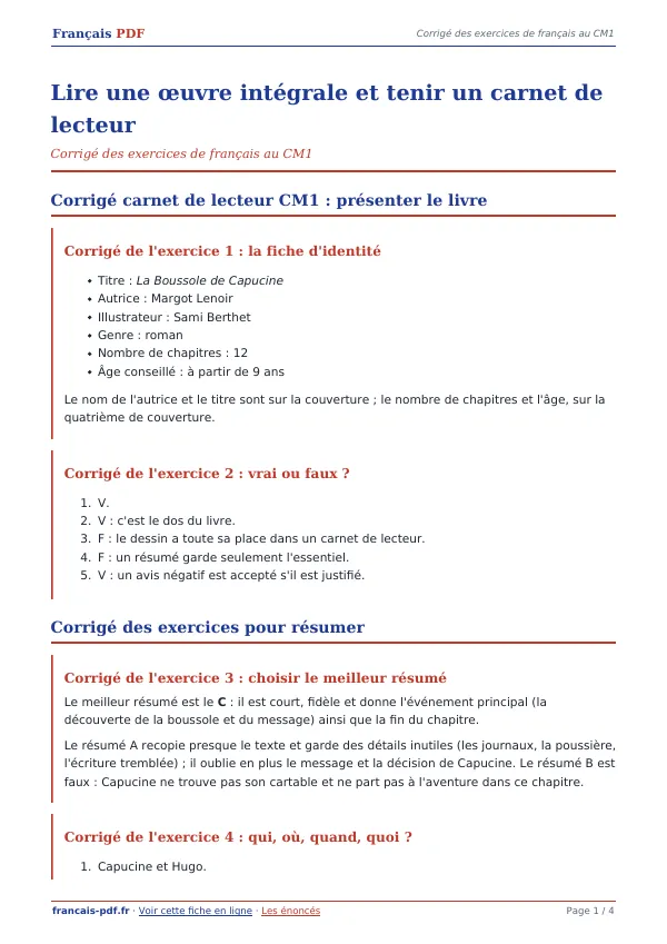 Corrigé « Lire une œuvre intégrale et tenir un carnet de lecteur » en PDF