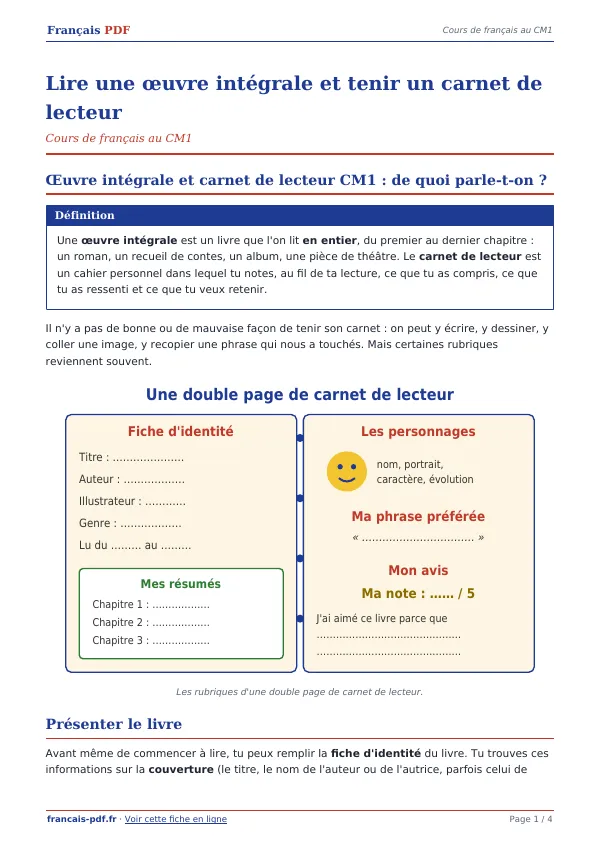 Cours « Lire une œuvre intégrale et tenir un carnet de lecteur » en PDF