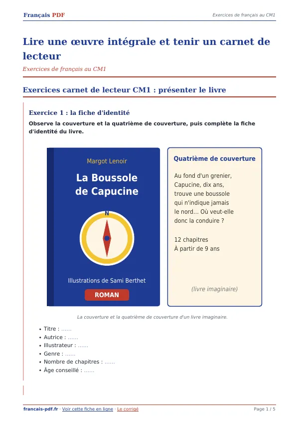 Exercices « Lire une œuvre intégrale et tenir un carnet de lecteur » en PDF