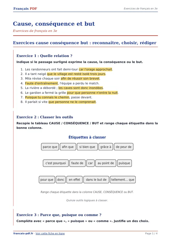 Exercices « Cause, conséquence et but » en PDF