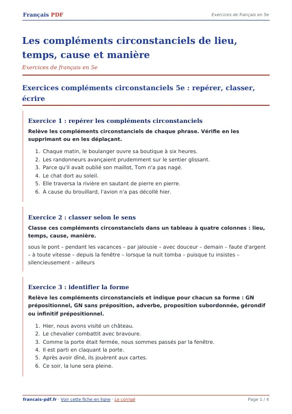 Exercices « Les compléments circonstanciels de lieu, temps, cause et manière » en PDF