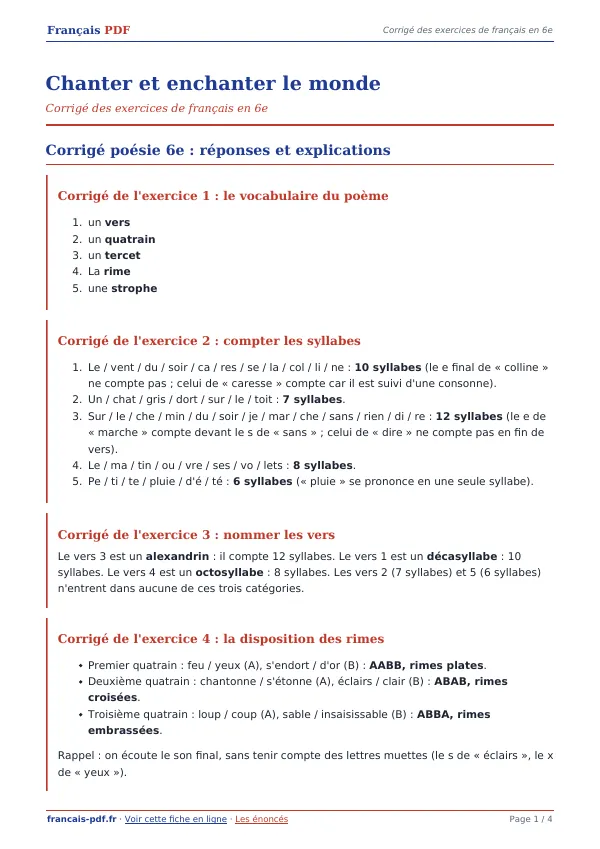 Corrigé « Chanter et enchanter le monde » en PDF