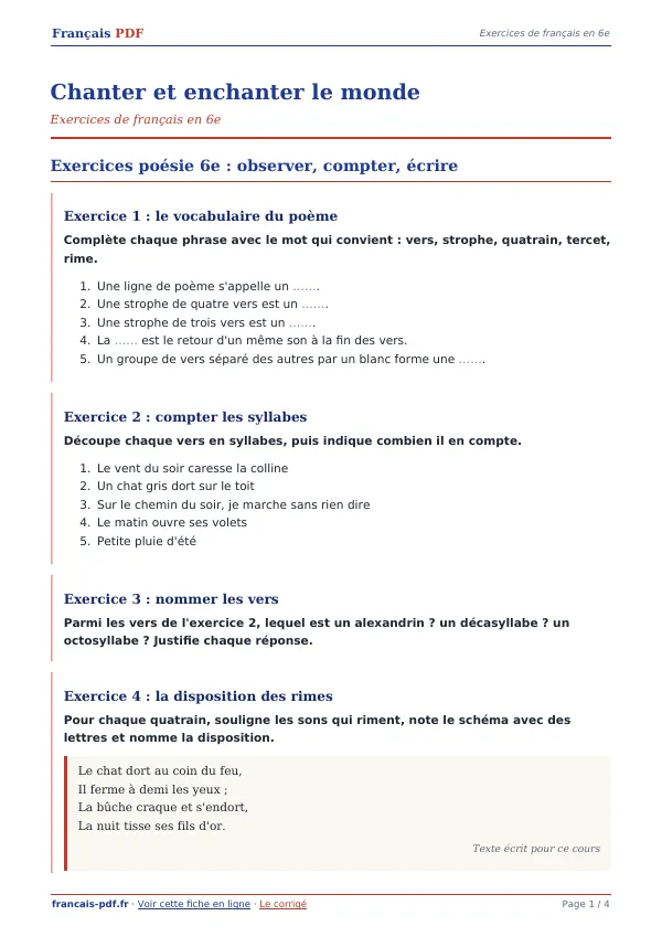 Exercices « Chanter et enchanter le monde » en PDF