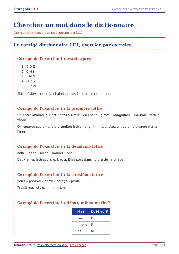 Corrigé « Chercher un mot dans le dictionnaire » en PDF