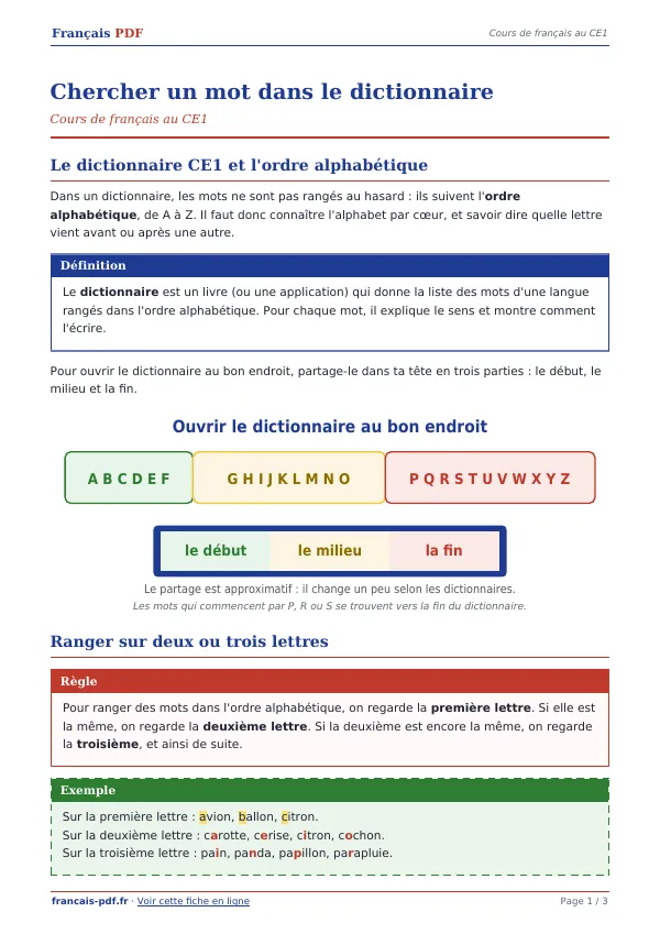 Cours « Chercher un mot dans le dictionnaire » en PDF