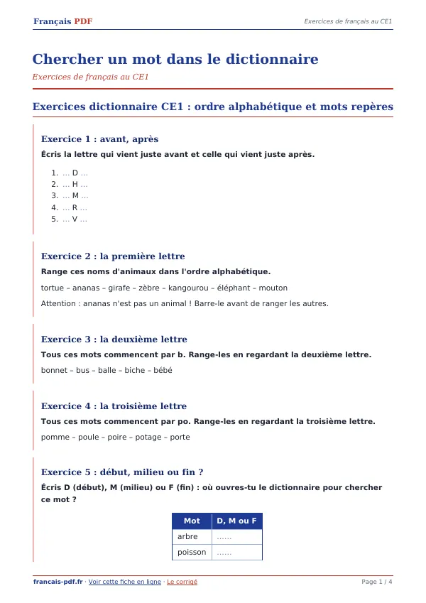 Exercices « Chercher un mot dans le dictionnaire » en PDF