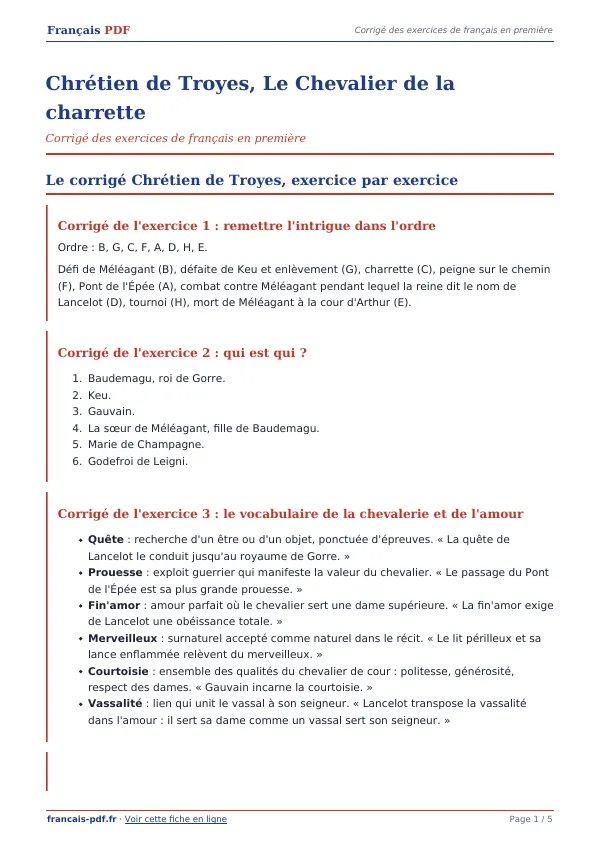 Corrigé « Chrétien de Troyes, Le Chevalier de la charrette » en PDF