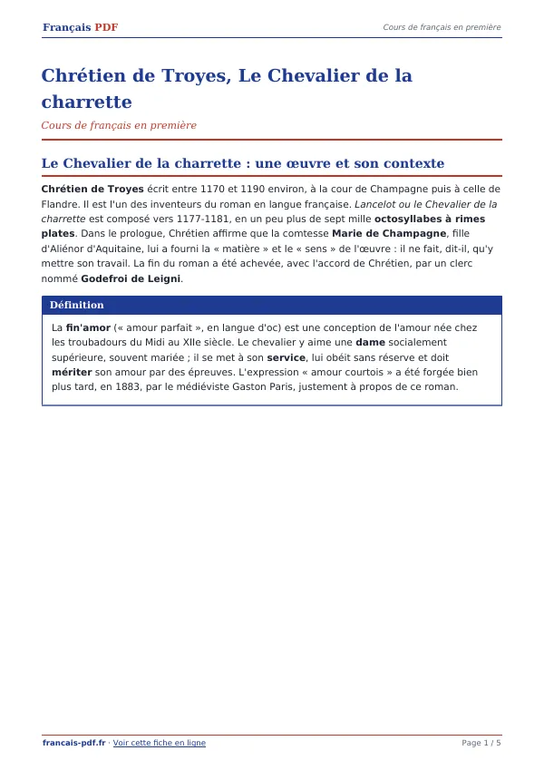 Cours « Chrétien de Troyes, Le Chevalier de la charrette » en PDF