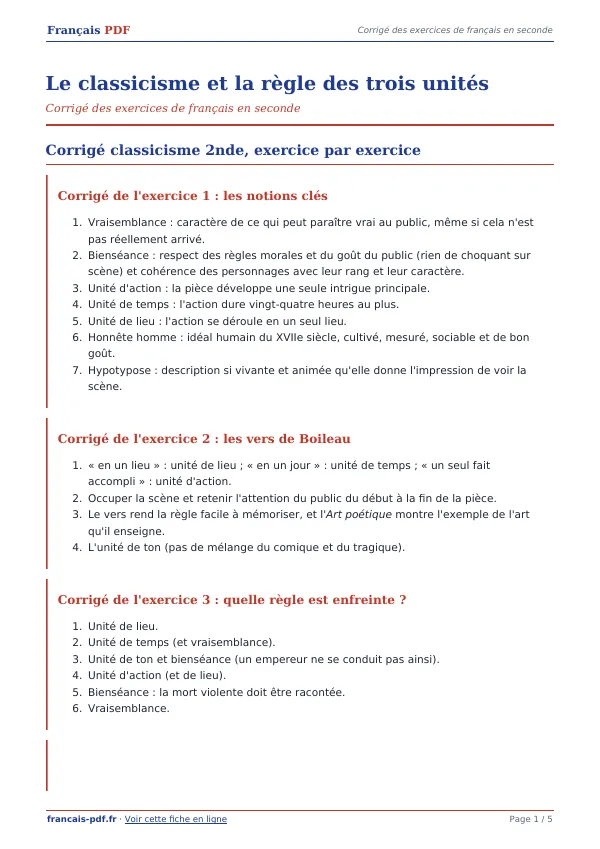 Corrigé « Le classicisme et la règle des trois unités » en PDF