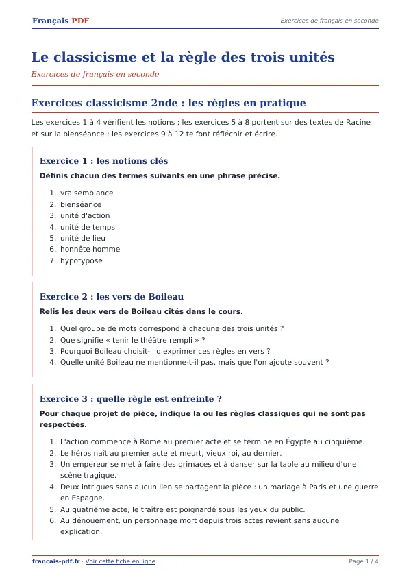 Exercices « Le classicisme et la règle des trois unités » en PDF