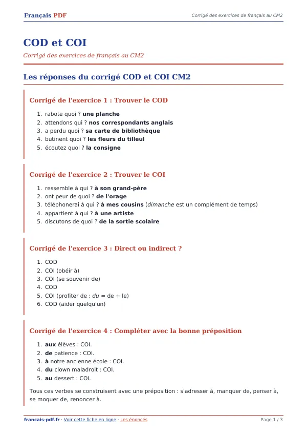 Corrigé « COD et COI » en PDF