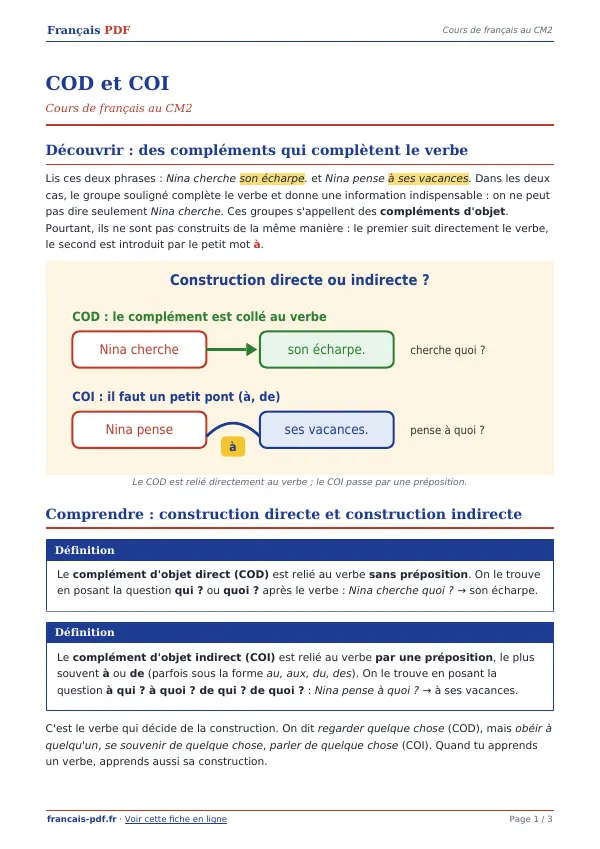 Cours « COD et COI » en PDF