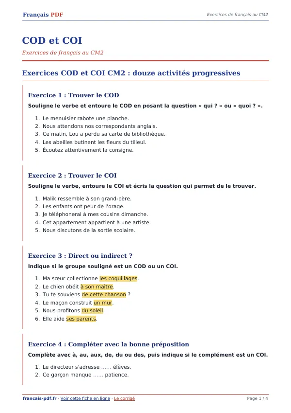 Exercices « COD et COI » en PDF