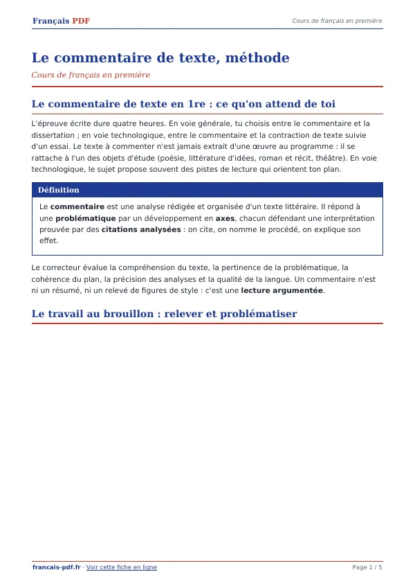 Cours « Le commentaire de texte, méthode » en PDF