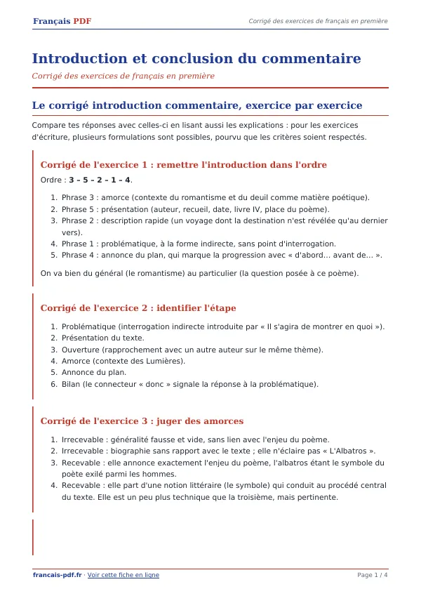 Corrigé « Introduction et conclusion du commentaire » en PDF