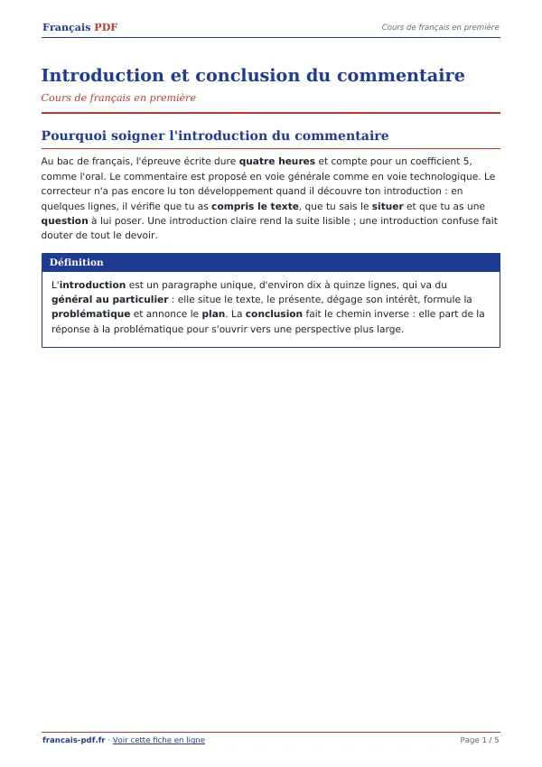Cours « Introduction et conclusion du commentaire » en PDF