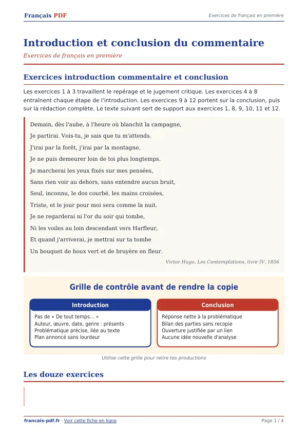 Exercices « Introduction et conclusion du commentaire » en PDF