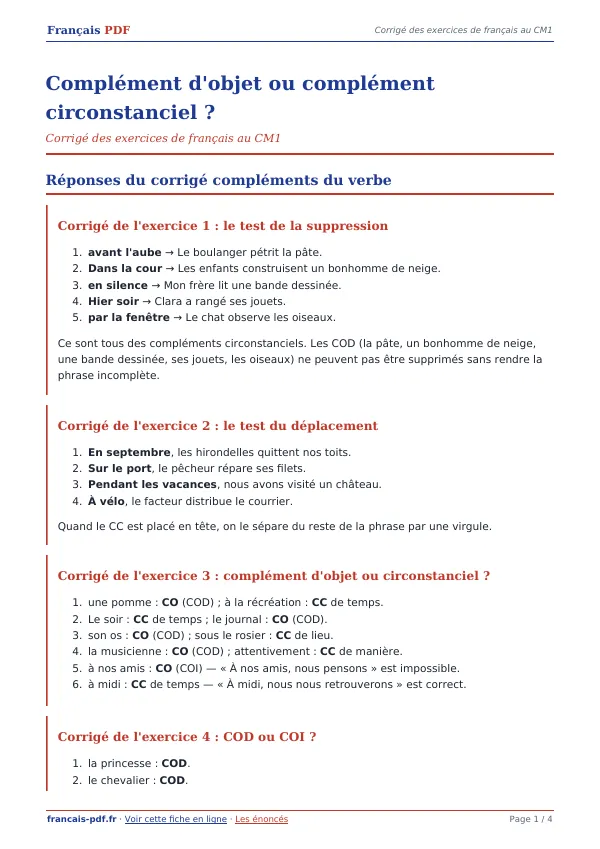 Corrigé « Complément d’objet ou complément circonstanciel ? » en PDF