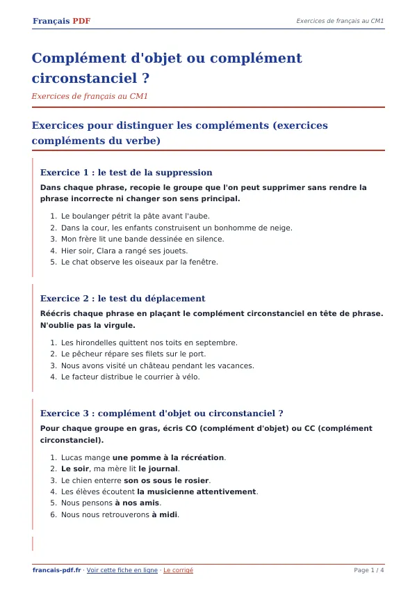 Exercices « Complément d’objet ou complément circonstanciel ? » en PDF