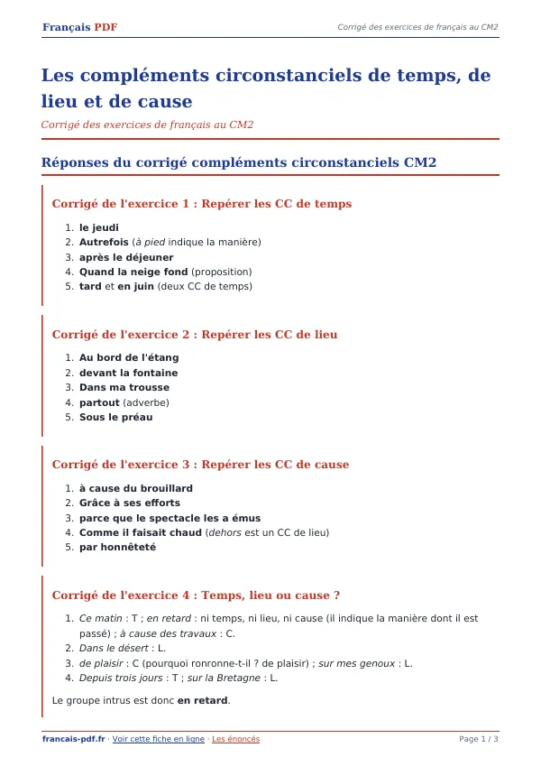 Corrigé « Les compléments circonstanciels de temps, de lieu et de cause » en PDF