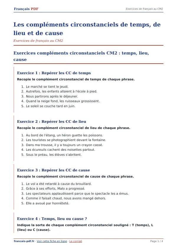 Exercices « Les compléments circonstanciels de temps, de lieu et de cause » en PDF