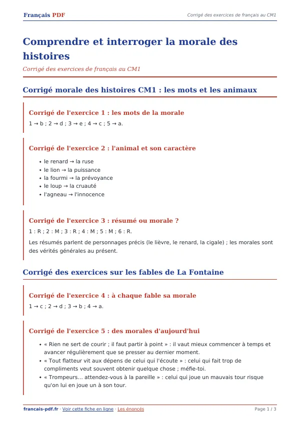 Corrigé « Comprendre et interroger la morale des histoires » en PDF