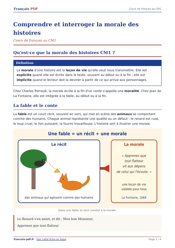 Cours « Comprendre et interroger la morale des histoires » en PDF